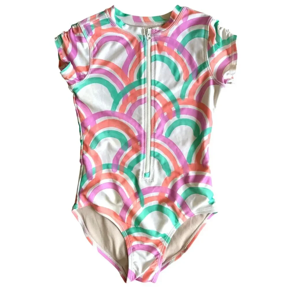 tea Collection Girls' One-Piece Short Sleeve Swimsuit Rainbow Print Size 8
